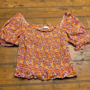 SO Crop Top‎ Women's Small Floral Smocked Square Neck Puff Sleeve